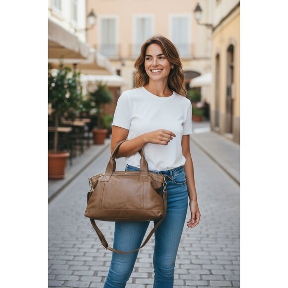 Cuore & Pelle Amelia Bag Taupe Pebbled Leather Tote Zip Up Purse Slouchy Neutral - Picture 1 of 8